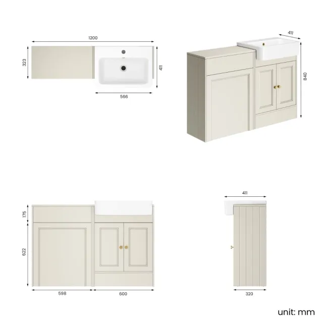 Monaco Chalk White Basin Vanity and Back To Wall Toilet Unit 1200mm (Excludes Pan & Cistern) - Brushed Brass Accents