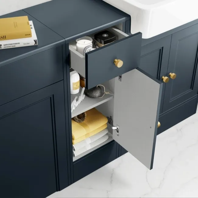 Monaco Inky Blue Basin Vanity and Back To Wall Unit 1500mm (Excludes Pan & Cistern) - Brushed Brass Accents
