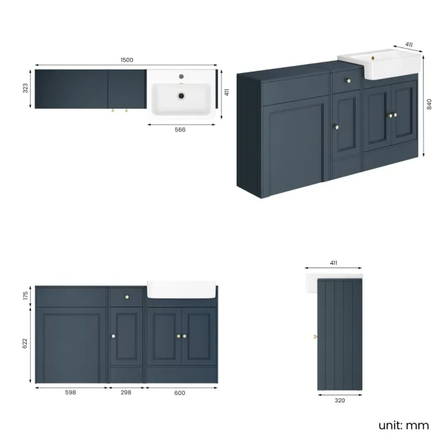 Monaco Inky Blue Basin Vanity and Back To Wall Unit 1500mm (Excludes Pan & Cistern) - Brushed Brass Accents
