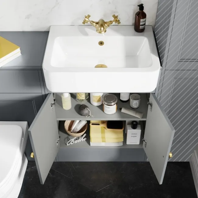 Monaco Dove Grey Combination Vanity Basin and Seattle Toilet 1200mm - Brushed Brass Accents