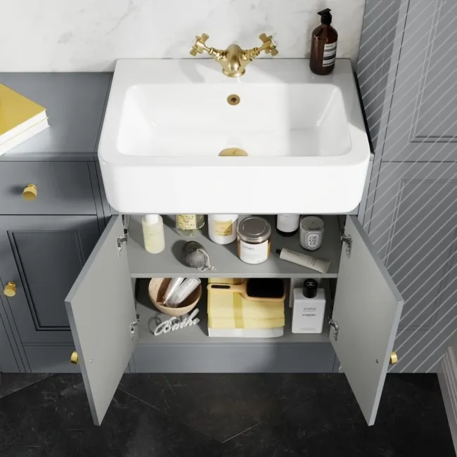 Monaco Dove Grey Combination Vanity Basin and Seattle Toilet 1500mm - Brushed Brass Accents