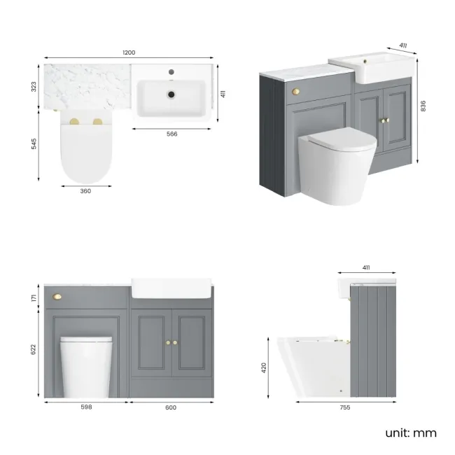 Monaco Dove Grey Combination Vanity Basin with Marble Top & Boston Toilet 1200mm - Brushed Brass Accents
