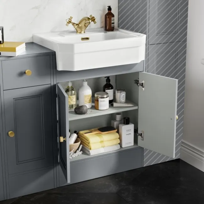 Monaco Dove Grey Combination Vanity Traditional Basin and Seattle Toilet 1500mm - Brushed Brass Accents
