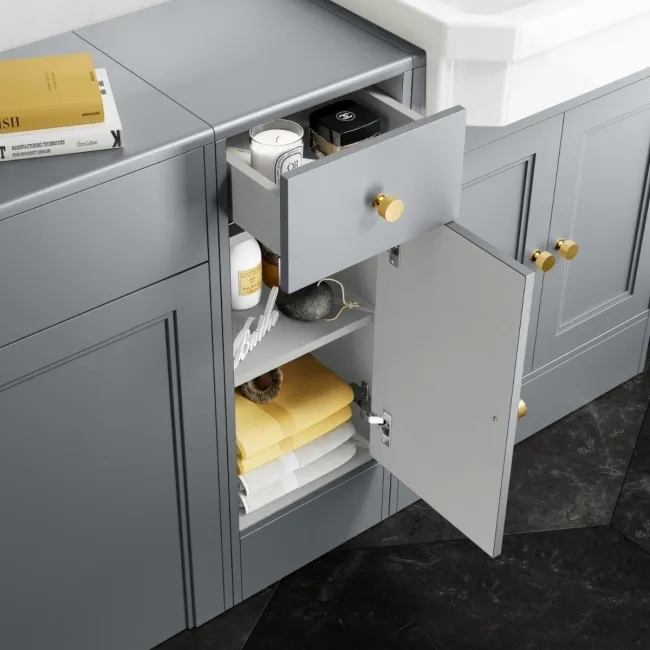 Monaco Dove Grey Combination Vanity Traditional Basin and Seattle Toilet 1500mm - Brushed Brass Accents