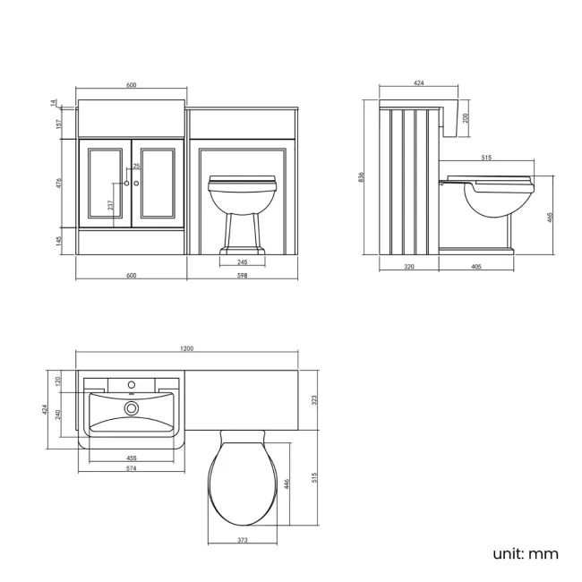 Monaco Dove Grey Combination Vanity Traditional Basin with Marble Top & Hudson Toilet with Wooden Seat 1200mm - Brushed Brass Accents