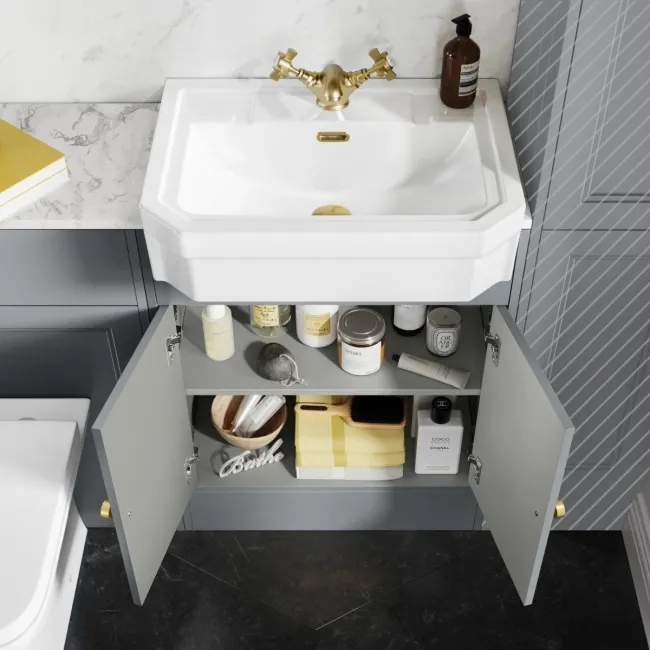 Monaco Dove Grey Combination Vanity Traditional Basin with Marble Top & Atlanta Toilet 1200mm - Brushed Brass Accents