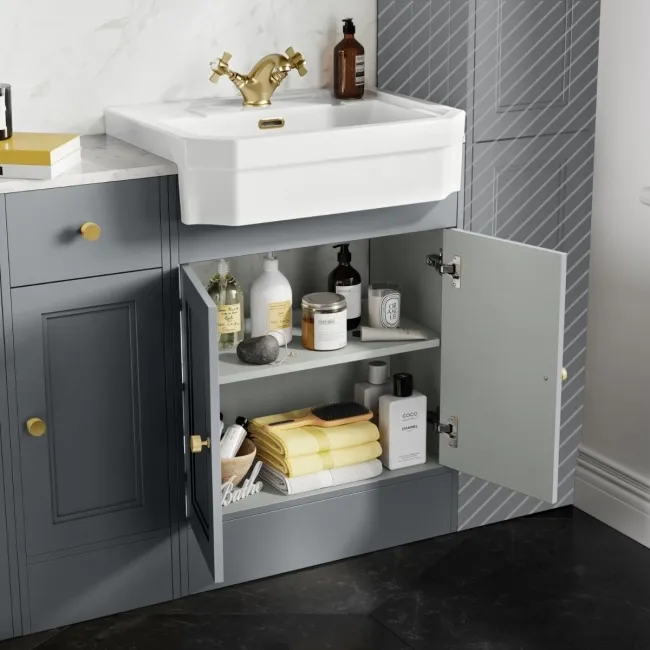 Monaco Dove Grey Combination Vanity Traditional Basin with Marble Top and Seattle Toilet 1500mm - Brushed Brass Accents