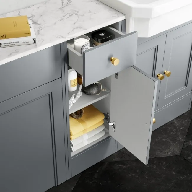 Monaco Dove Grey Combination Vanity Traditional Basin with Marble Top and Seattle Toilet 1500mm - Brushed Brass Accents