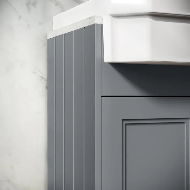 Monaco Dove Grey Combination Vanity Traditional Basin with Marble Top and Seattle Toilet 1500mm - Brushed Brass Accents