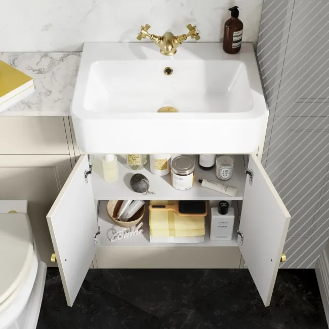 Monaco Chalk White Combination Vanity Basin with Marble Top & Hudson Toilet with Wooden Seat 1200mm - Brushed Brass Accents