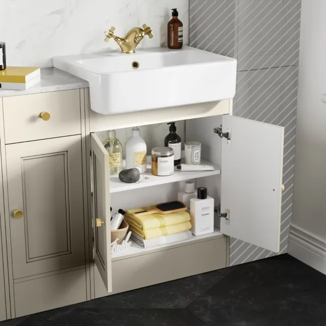 Monaco Chalk White Combination Vanity Basin with Marble Top and Hudson Toilet with Wooden Seat 1500mm - Brushed Brass Accents