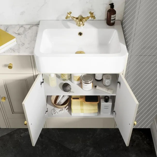 Monaco Chalk White Combination Vanity Basin with Marble Top and Hudson Toilet with Wooden Seat 1500mm - Brushed Brass Accents