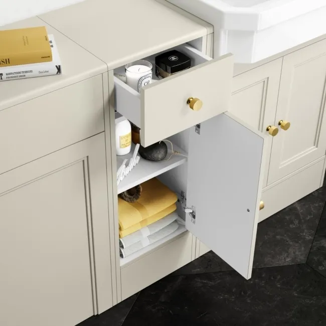 Monaco Chalk White Combination Vanity Traditional Basin and Hudson Toilet with Wooden Seat 1500mm - Brushed Brass Accents