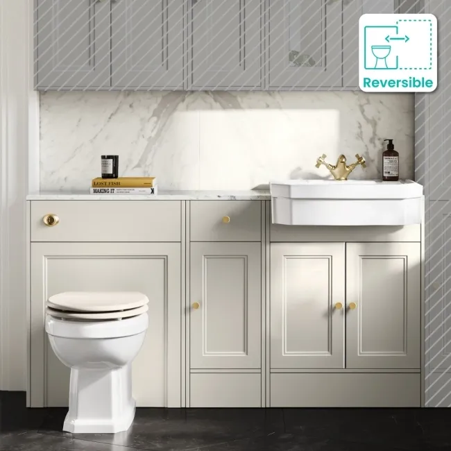 Monaco Chalk White Combination Vanity Traditional Basin with Marble Top & Hudson Toilet with Wooden Seat 1500mm - Brushed Brass Accents