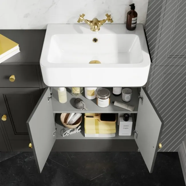 Monaco Graphite Grey Combination Vanity Basin and Hudson Toilet with Wooden Seat 1500mm - Brushed Brass Accents
