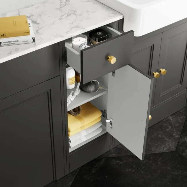 Monaco Graphite Grey Combination Vanity Basin with Marble Top and Seattle Toilet 1500mm - Brushed Brass Accents