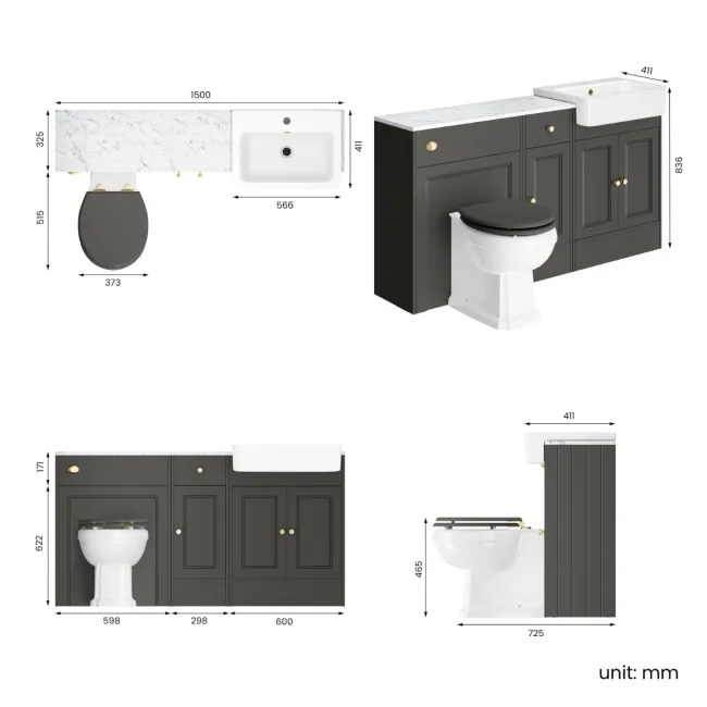 Monaco Graphite Grey Combination Vanity Basin with Marble Top and Hudson Toilet with Wooden Seat 1500mm - Brushed Brass Accents
