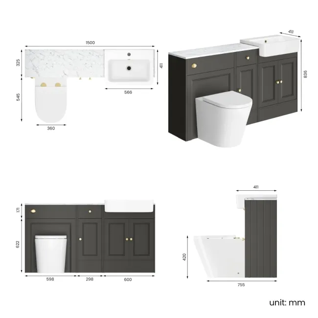 Monaco Graphite Grey Combination Vanity Basin with Marble Top and Boston Toilet 1500mm - Brushed Brass Accents