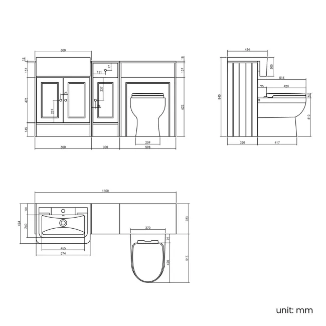 Monaco Graphite Grey Combination Vanity Traditional Basin and Seattle Toilet 1500mm - Brushed Brass Accents