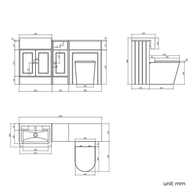 Monaco Graphite Grey Combination Vanity Traditional Basin and Boston Toilet 1500mm - Brushed Brass Accents