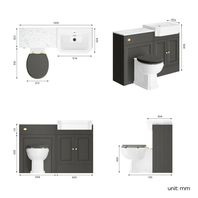 Monaco Graphite Grey Combination Vanity Traditional Basin with Marble Top & Hudson Toilet with Wooden Seat 1200mm - Brushed Brass Accents