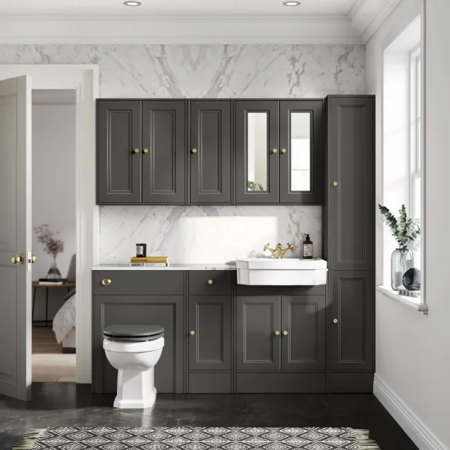 Monaco Graphite Grey Combination Vanity Traditional Basin with Marble Top & Hudson Toilet with Wooden Seat 1500mm - Brushed Brass Accents