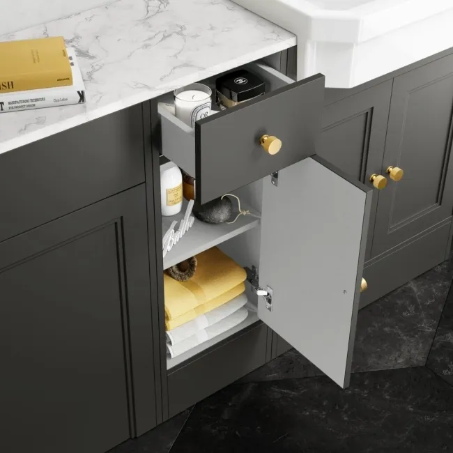Monaco Graphite Grey Combination Vanity Traditional Basin with Marble Top & Hudson Toilet with Wooden Seat 1500mm - Brushed Brass Accents