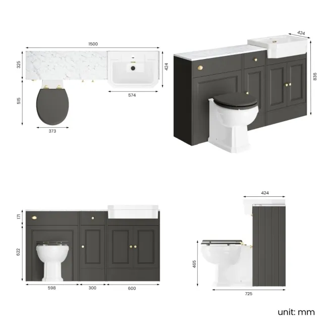 Monaco Graphite Grey Combination Vanity Traditional Basin with Marble Top & Hudson Toilet with Wooden Seat 1500mm - Brushed Brass Accents