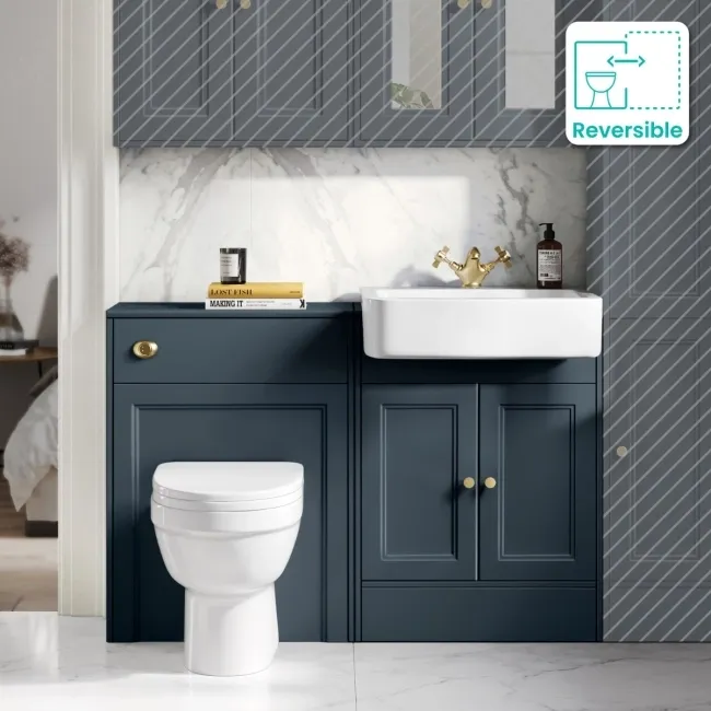 Monaco Inky Blue Combination Vanity Basin and Seattle Toilet 1200mm - Brushed Brass Accents
