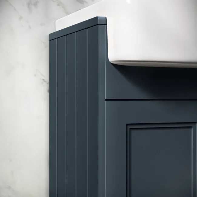 Monaco Inky Blue Combination Vanity Basin and Hudson Toilet with Wooden Seat 1200mm - Brushed Brass Accents