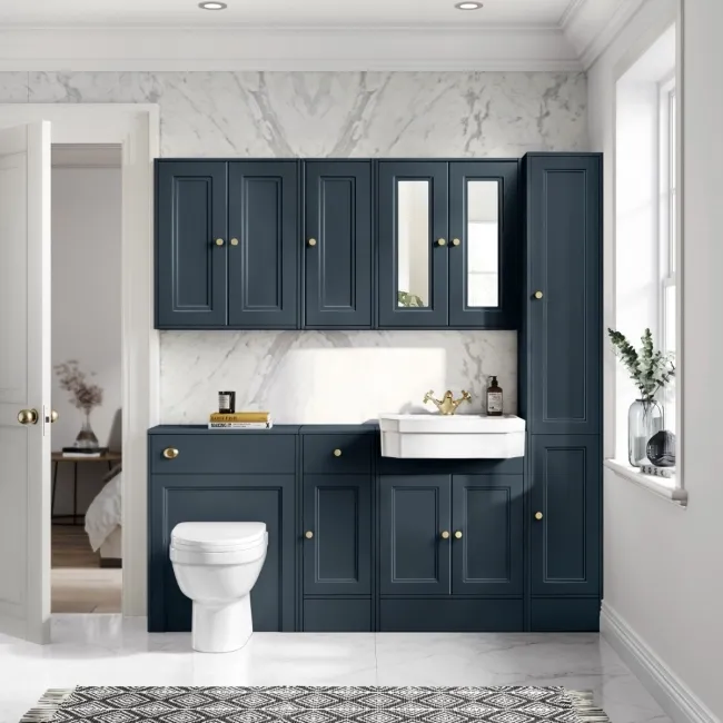 Monaco Inky Blue Combination Vanity Traditional Basin and Seattle Toilet 1500mm - Brushed Brass Accents