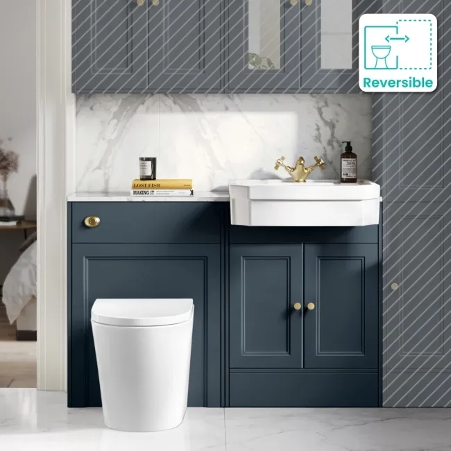 Monaco Inky Blue Combination Vanity Traditional Basin with Marble Top & Boston Toilet 1200mm - Brushed Brass Accents
