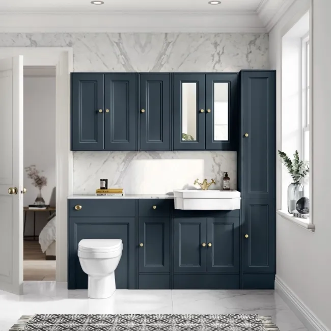 Monaco Inky Blue Combination Vanity Traditional Basin with Marble Top and Seattle Toilet 1500mm - Brushed Brass Accents