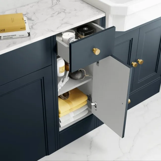 Monaco Inky Blue Combination Vanity Traditional Basin with Marble Top and Seattle Toilet 1500mm - Brushed Brass Accents
