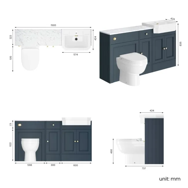 Monaco Inky Blue Combination Vanity Traditional Basin with Marble Top and Seattle Toilet 1500mm - Brushed Brass Accents