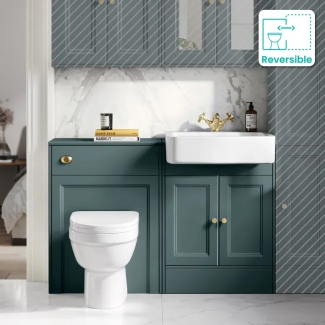 Monaco Midnight Green Combination Vanity Basin and Seattle Toilet 1200mm - Brushed Brass Accents