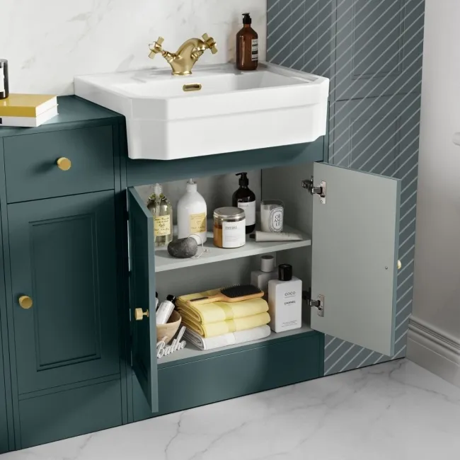 Monaco Midnight Green Combination Vanity Traditional Basin and Boston Toilet 1500mm - Brushed Brass Accents