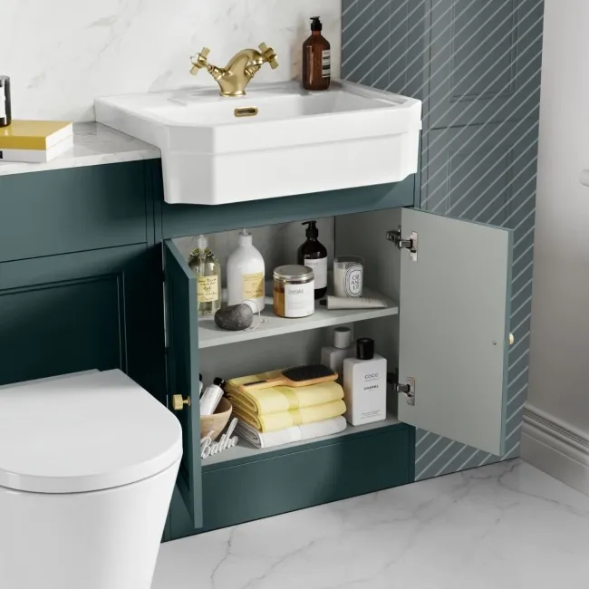 Monaco Midnight Green Combination Vanity Traditional Basin with Marble Top & Boston Toilet 1200mm - Brushed Brass Accents