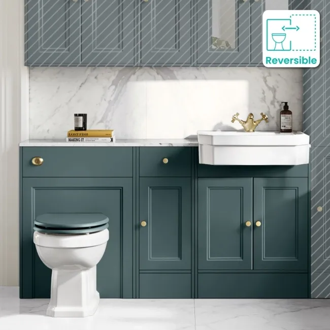 Monaco Midnight Green Combination Vanity Traditional Basin with Marble Top & Hudson Toilet with Wooden Seat 1500mm - Brushed Brass Accents