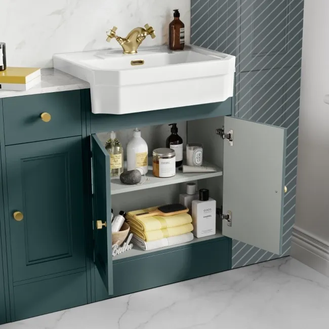 Monaco Midnight Green Combination Vanity Traditional Basin with Marble Top & Hudson Toilet with Wooden Seat 1500mm - Brushed Brass Accents