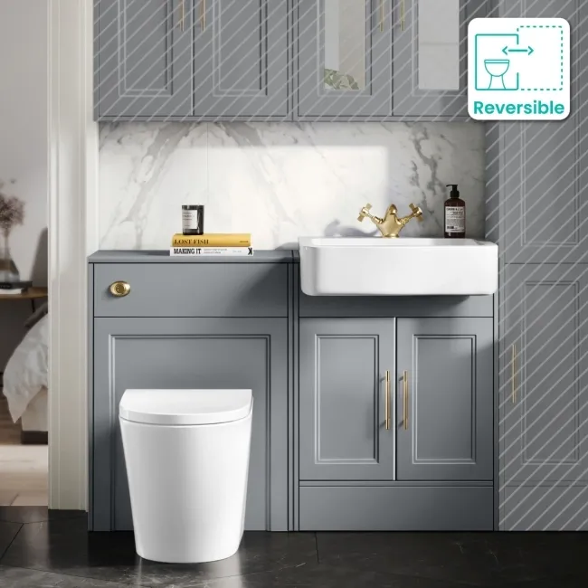 Monaco Dove Grey Combination Vanity Basin and Boston Toilet 1200mm - Brass Knurled Handles