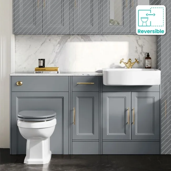 Monaco Dove Grey Combination Vanity Basin with Marble Top and Hudson Toilet with Wooden Seat 1500mm - Brass Knurled Handles