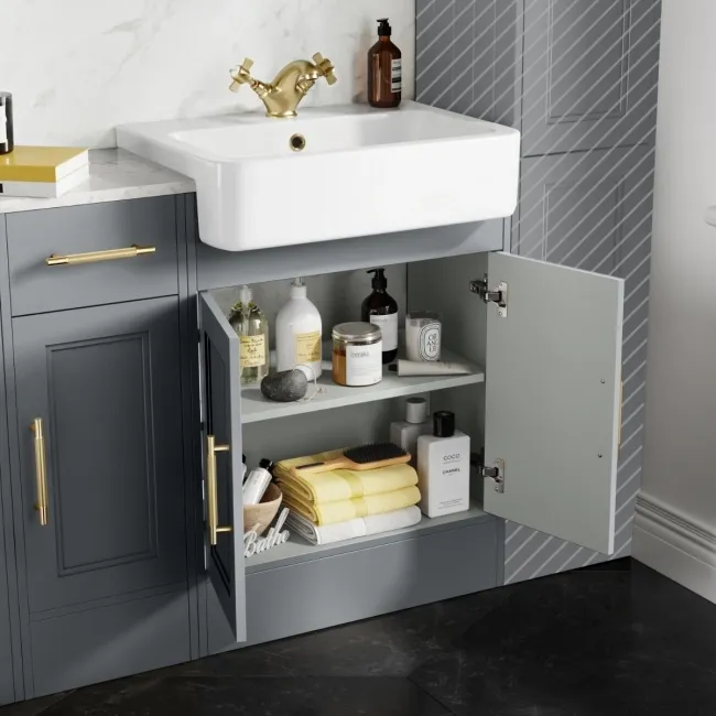 Monaco Dove Grey Combination Vanity Basin with Marble Top and Hudson Toilet with Wooden Seat 1500mm - Brass Knurled Handles