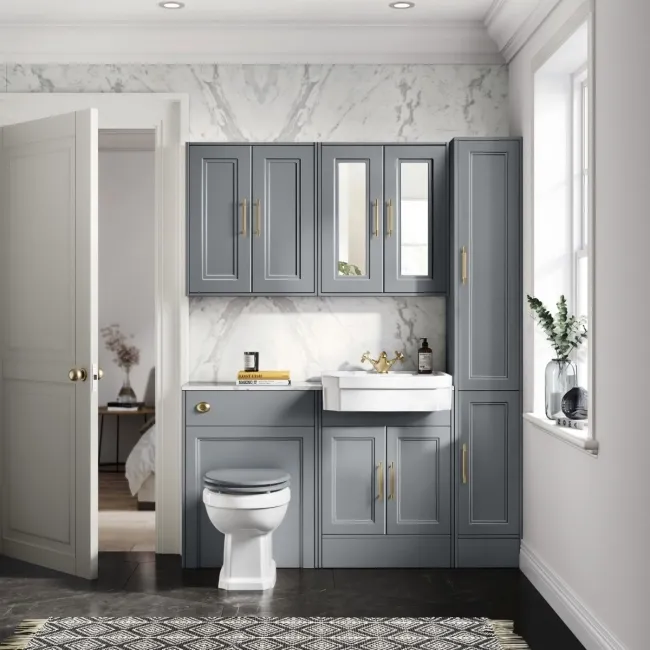 Monaco Dove Grey Combination Vanity Traditional Basin with Marble Top & Hudson Toilet with Wooden Seat 1200mm - Brass Knurled Handles