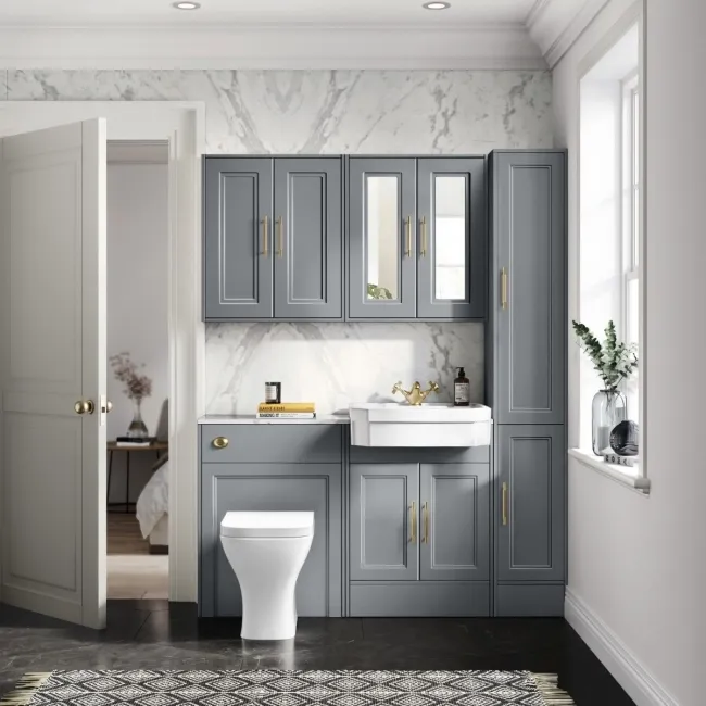 Monaco Dove Grey Combination Vanity Traditional Basin with Marble Top & Atlanta Toilet 1200mm - Brass Knurled Handles