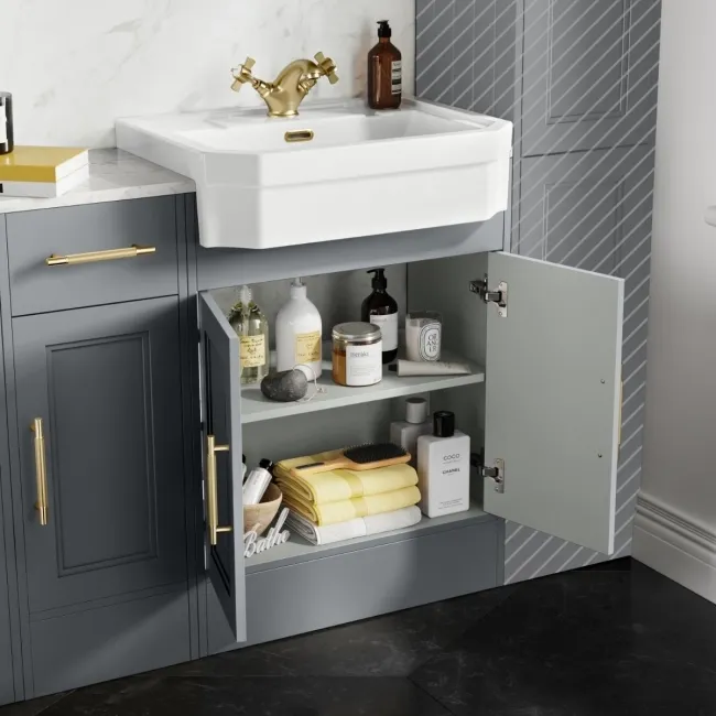 Monaco Dove Grey Combination Vanity Traditional Basin with Marble Top & Hudson Toilet with Wooden Seat 1500mm - Brass Knurled Handles
