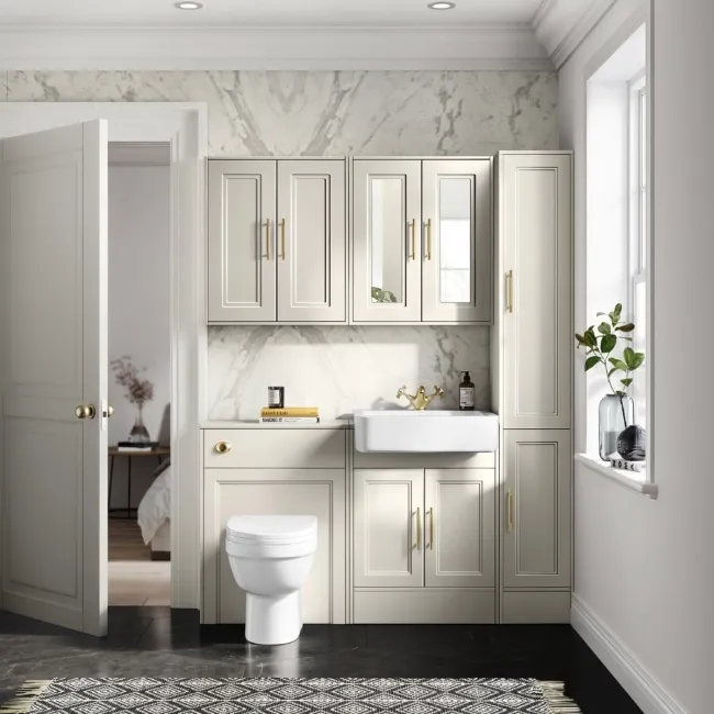 Monaco Chalk White Combination Vanity Basin and Seattle Toilet 1200mm - Brass Knurled Handles