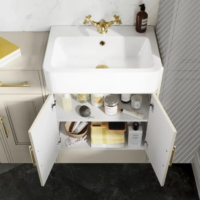 Monaco Chalk White Combination Vanity Basin and Hudson Toilet with Wooden Seat 1500mm - Brass Knurled Handles