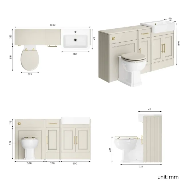 Monaco Chalk White Combination Vanity Basin and Hudson Toilet with Wooden Seat 1500mm - Brass Knurled Handles
