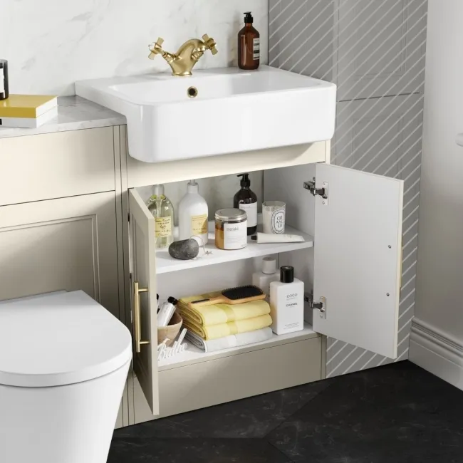 Monaco Chalk White Combination Vanity Basin with Marble Top & Boston Toilet 1200mm - Brass Knurled Handles